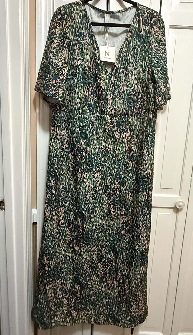 Noracora Womens Short Sleeve V Neck Midi Green Pink Abstract Size L